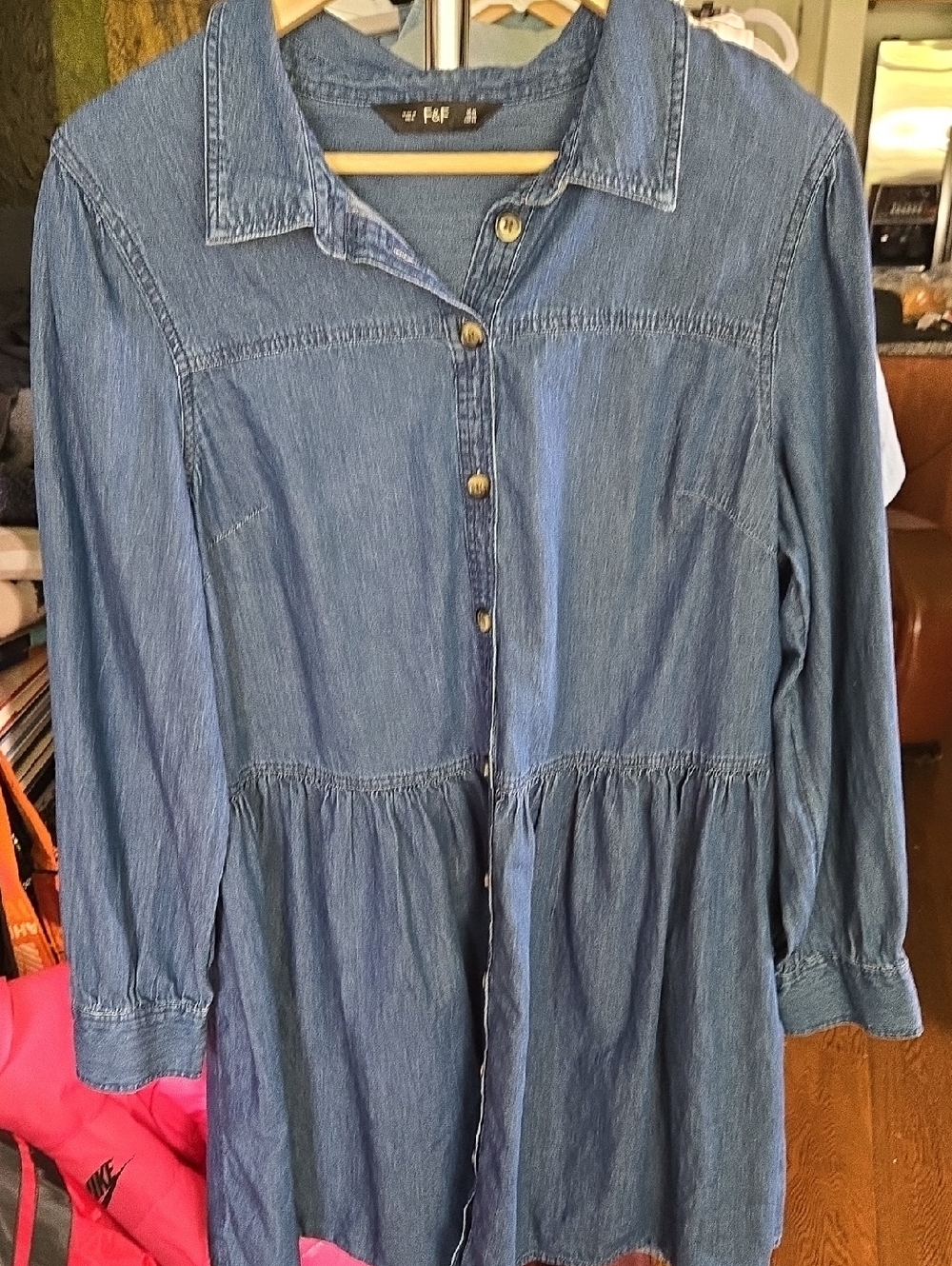 F&F Denim Button-Front Shirt Dress in Medium Blue 22 P 36 L